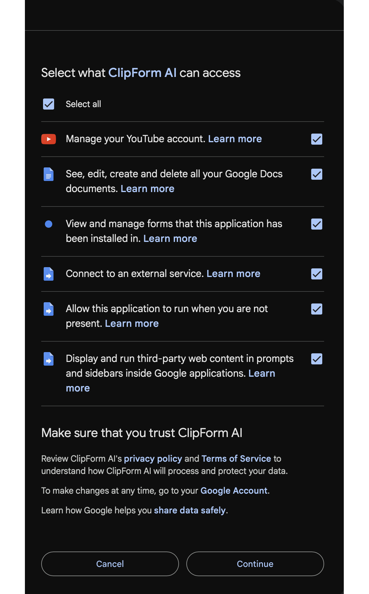 🎬 ClipForm AI Oauth consent screen